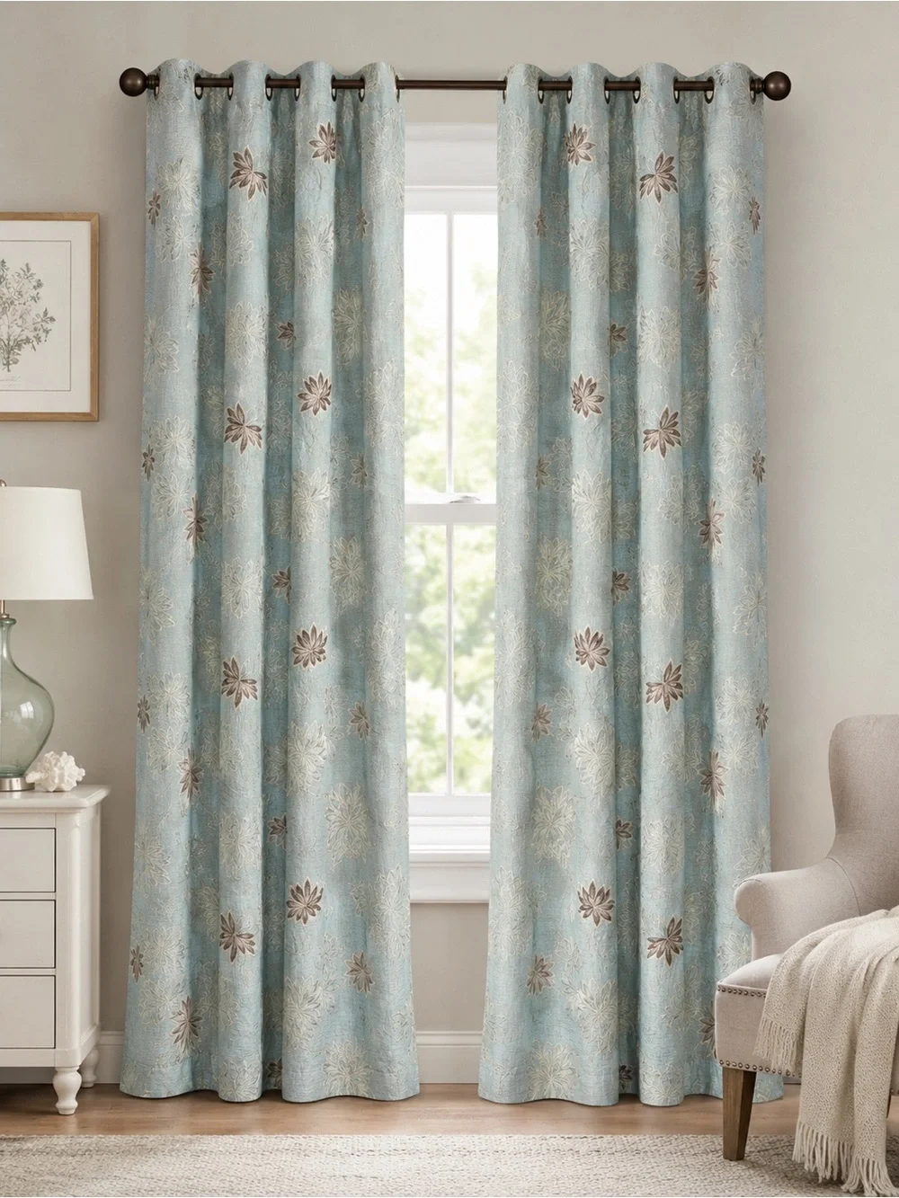 Jacquard Floral Grommet Window Curtain Panels Aqua Blue 54” x 84” Set of 2